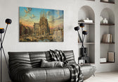 Sagrada Familia glass wall art styled in a contemporary living room