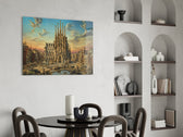 Sagrada Familia glass wall art shown in a warm, styled interior setting