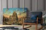Sagrada Familia glass wall art hanging as a focal point in a modern room