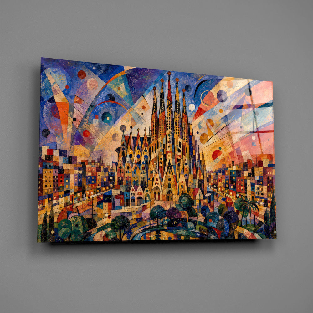 Sagrada Familia glass wall art mounted flat on a grey wall