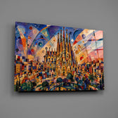 Sagrada Familia glass wall art mounted flat on a grey wall