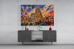 Sagrada Familia glass wall art displayed above a console in a modern interior
