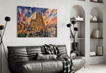 Sagrada Familia glass wall art styled in a contemporary living room