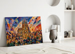 Sagrada Familia glass wall art leaning against a wall in a minimalist interior
