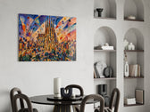 Sagrada Familia glass wall art shown in a warm, styled interior setting
