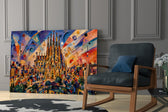 Sagrada Familia glass wall art hanging as a focal point in a modern room