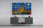 Sagrada Familia glass wall art displayed above a console in a modern interior