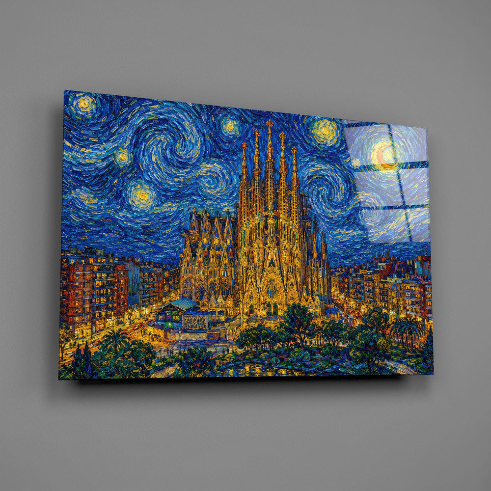 Sagrada Familia glass wall art mounted flat on a grey wall