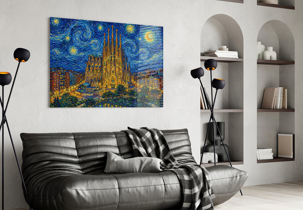 Sagrada Familia glass wall art styled in a contemporary living room