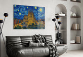 Sagrada Familia glass wall art styled in a contemporary living room