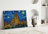 Sagrada Familia glass wall art leaning against a wall in a minimalist interior