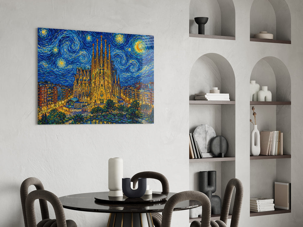 Sagrada Familia glass wall art shown in a warm, styled interior setting