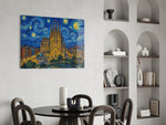 Sagrada Familia glass wall art shown in a warm, styled interior setting