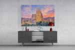 Sagrada Familia glass wall art displayed above a console in a modern interior