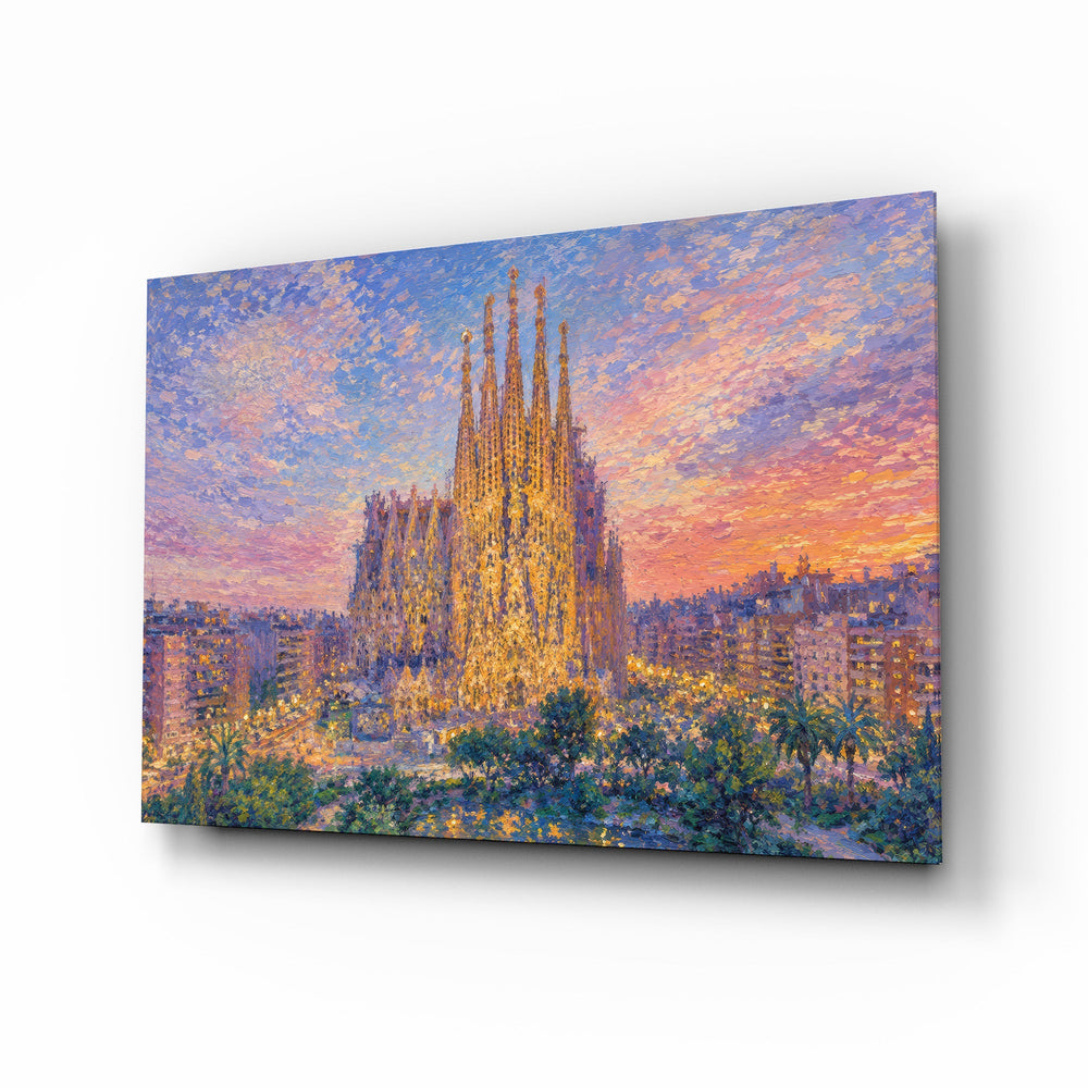 Sagrada Familia glass wall art, angled view of the tempered glass panel
