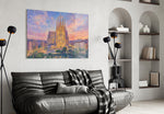 Sagrada Familia glass wall art styled in a contemporary living room