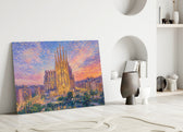 Sagrada Familia glass wall art leaning against a wall in a minimalist interior