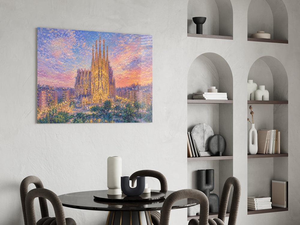 Sagrada Familia glass wall art shown in a warm, styled interior setting