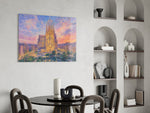 Sagrada Familia glass wall art shown in a warm, styled interior setting