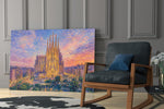 Sagrada Familia glass wall art hanging as a focal point in a modern room