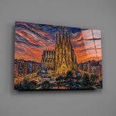 Sagrada Familia glass wall art mounted flat on a grey wall