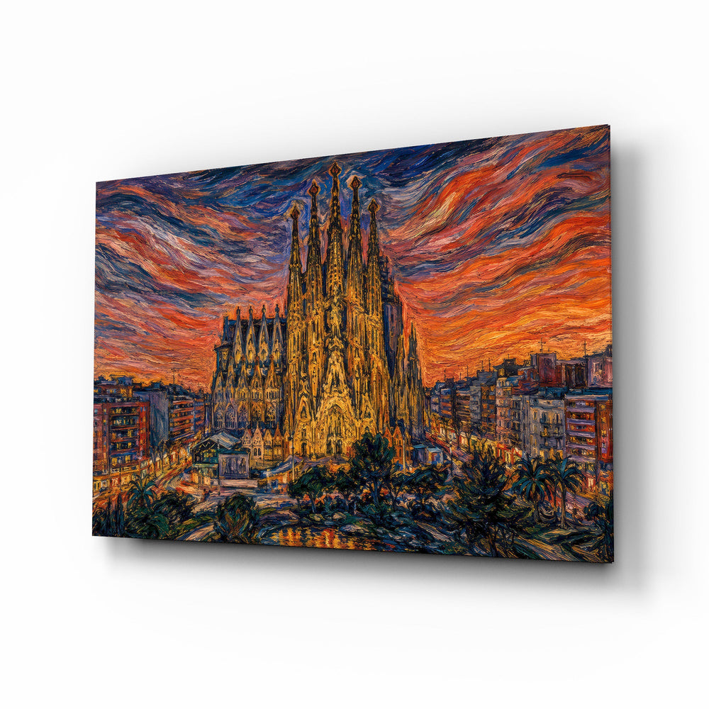 Sagrada Familia glass wall art, angled view of the tempered glass panel