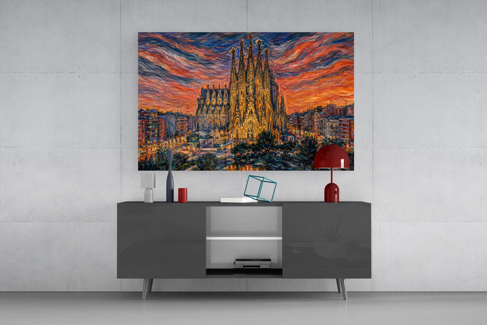 Sagrada Familia glass wall art displayed above a console in a modern interior