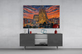 Sagrada Familia glass wall art displayed above a console in a modern interior