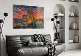 Sagrada Familia glass wall art styled in a contemporary living room