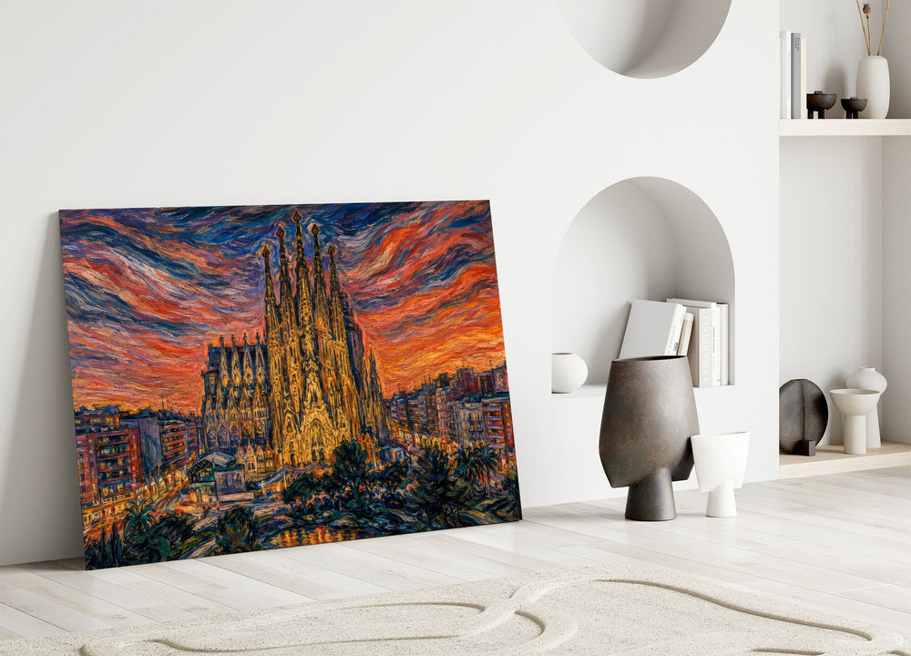 Sagrada Familia glass wall art leaning against a wall in a minimalist interior