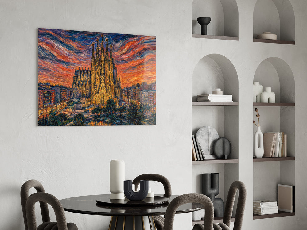 Sagrada Familia glass wall art shown in a warm, styled interior setting