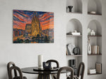 Sagrada Familia glass wall art shown in a warm, styled interior setting