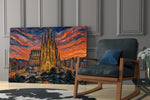Sagrada Familia glass wall art hanging as a focal point in a modern room