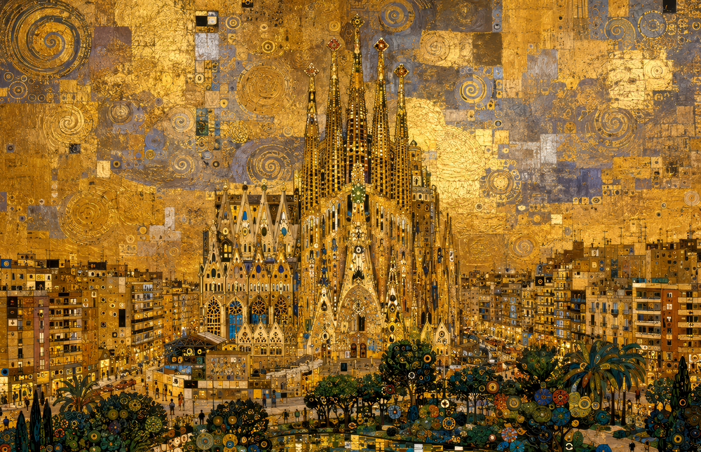 Sagrada Familia Klimt Style Glass Wall Art
