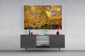 Sagrada Familia glass wall art displayed above a console in a modern interior