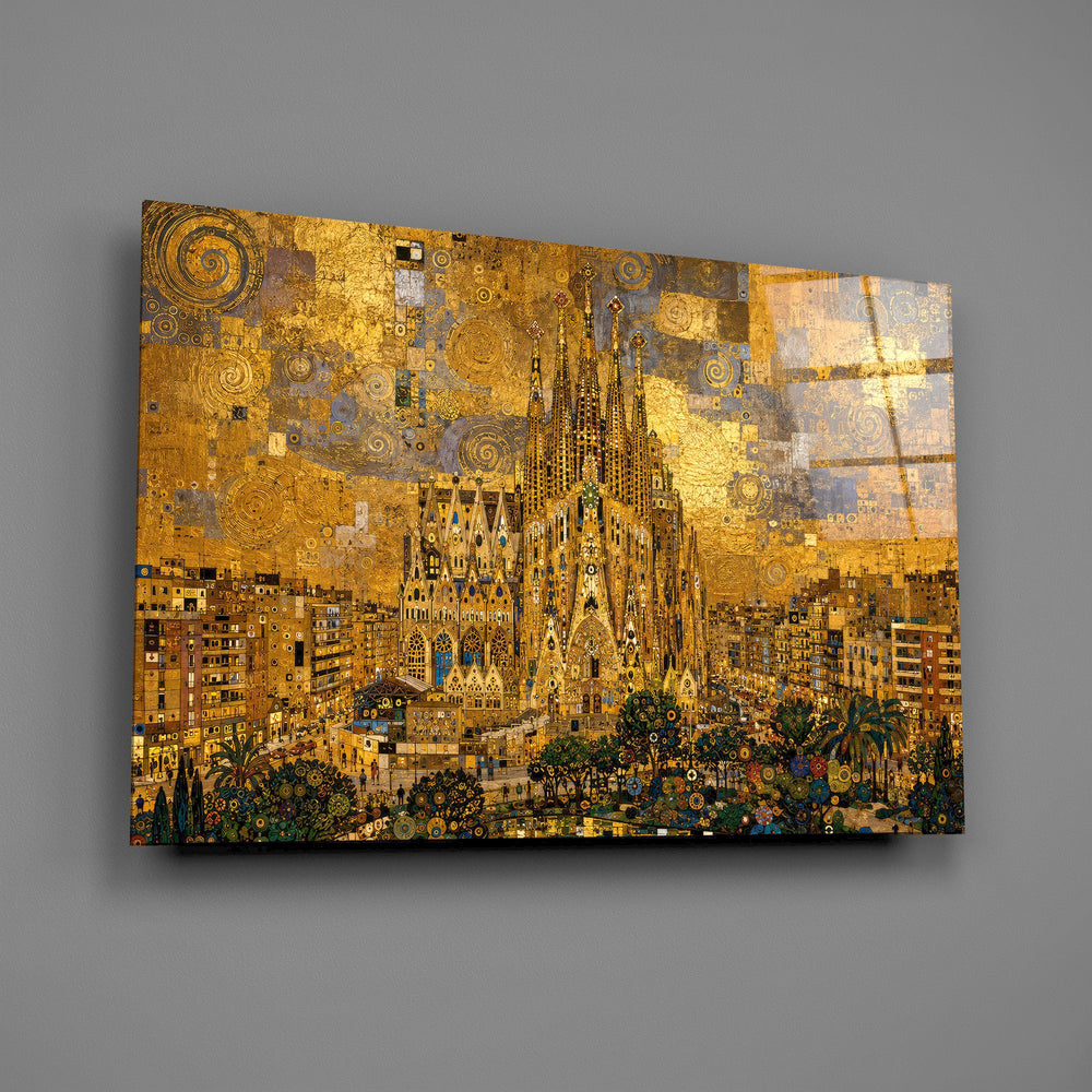 Sagrada Familia glass wall art mounted flat on a grey wall