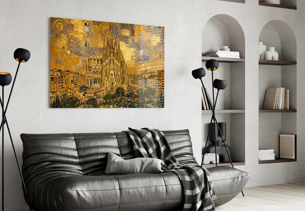Sagrada Familia glass wall art styled in a contemporary living room