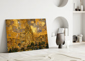 Sagrada Familia glass wall art leaning against a wall in a minimalist interior