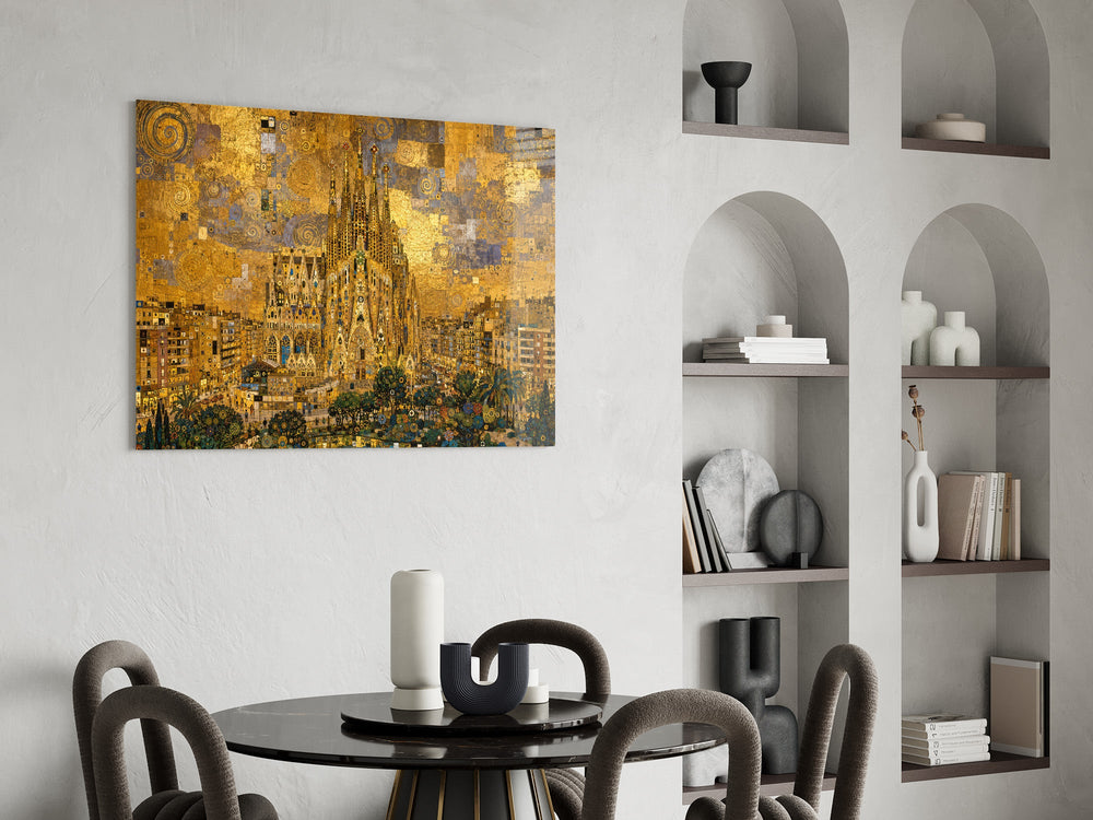 Sagrada Familia glass wall art shown in a warm, styled interior setting
