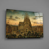 Sagrada Familia glass wall art mounted flat on a grey wall