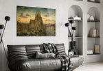 Sagrada Familia glass wall art styled in a contemporary living room