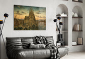Sagrada Familia glass wall art styled in a contemporary living room