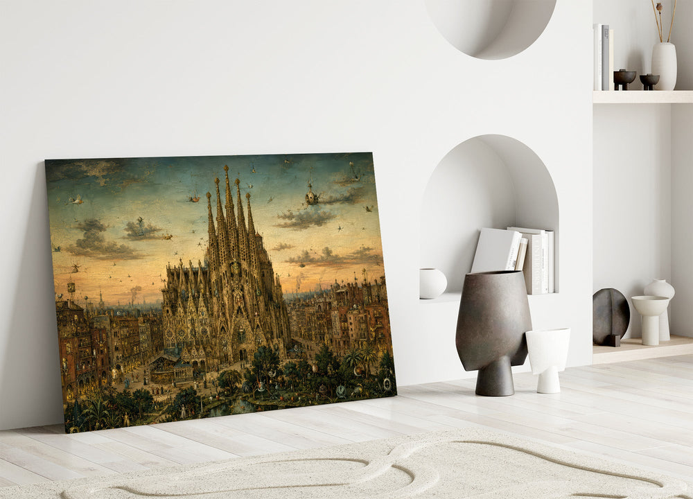 Sagrada Familia glass wall art leaning against a wall in a minimalist interior