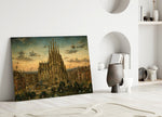 Sagrada Familia glass wall art leaning against a wall in a minimalist interior