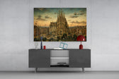 Sagrada Familia glass wall art displayed above a console in a modern interior