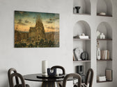 Sagrada Familia glass wall art shown in a warm, styled interior setting