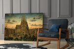 Sagrada Familia glass wall art hanging as a focal point in a modern room