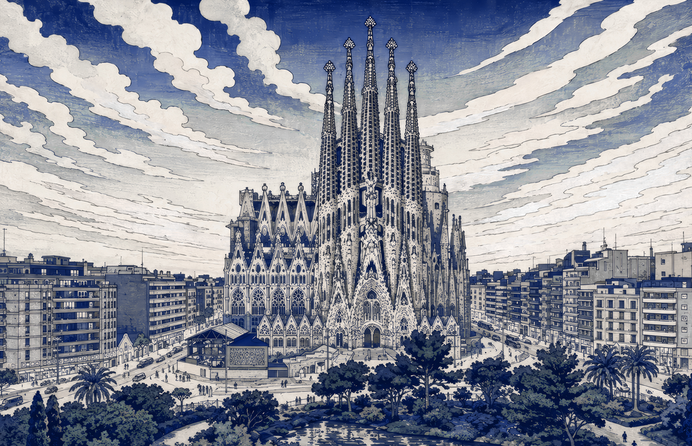 Sagrada Familia Hokusai Style Glass Wall Art