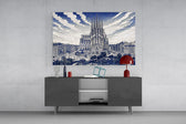 Sagrada Familia glass wall art displayed above a console in a modern interior