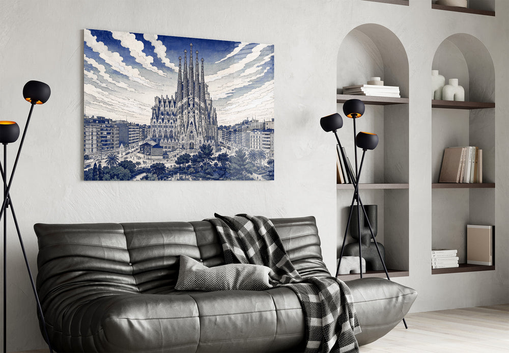 Sagrada Familia glass wall art styled in a contemporary living room